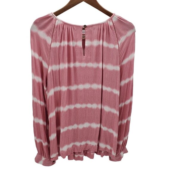 A.n.a Womens Pink White Tie Dye Striped Blouse Top Sz L Long Sleeve Keyhole Neck - Picture 3 of 14